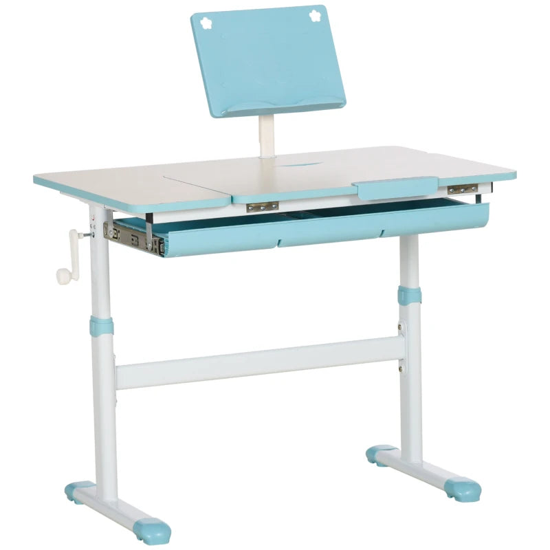 Qaba Kids Desk, Height Adjustable Children School Study Table, Student Writing Desk with Tilt Desktop, Drawer, Reading Board, Blue