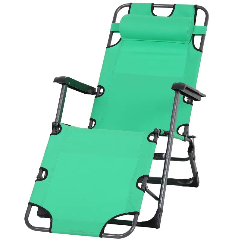 Outsunny Tanning Chair, 2-in-1 Beach Lounge Chair & Camping Chair w/ Pillow & Pocket, Adjustable Chaise for Sunbathing Outside, Patio, Poolside, Green
