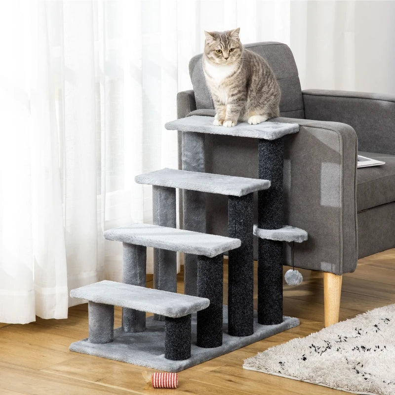 PawHut 25" 4-Step Multi-Level Carpeted Cat Scratching Tree Kitty Activity Center Post Tower Condo Pet Stairs Furniture with Toy - Grey