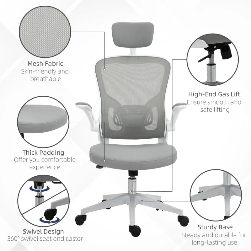 Vinsetto High Back Office Chair, Swivel Task Chair with Lumbar Back Support, Breathable Mesh, and Adjustable Height, Headrest, Grey