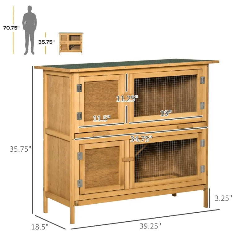 PawHut Solid Wood Rabbit / Bunny Hutch with 2 Large Main Rooms, Brown