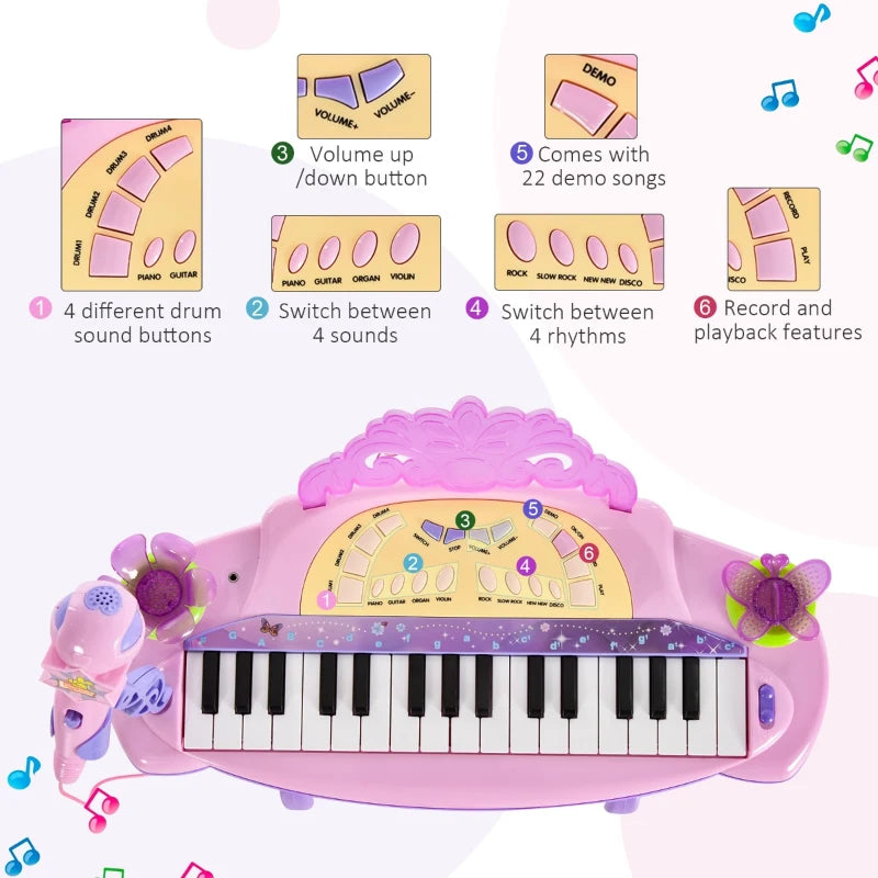Qaba 32 Key Electronic Kids Keyboard with Stool and Microphone - Pink / Purple