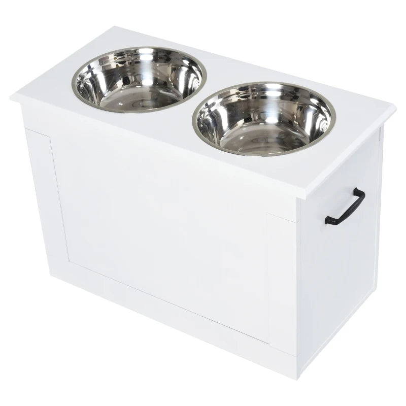 PawHut Raised Pet Feeding Storage Station with 2 Stainless Steel Bowls Base for Large Dogs and Other Large Pets, White
