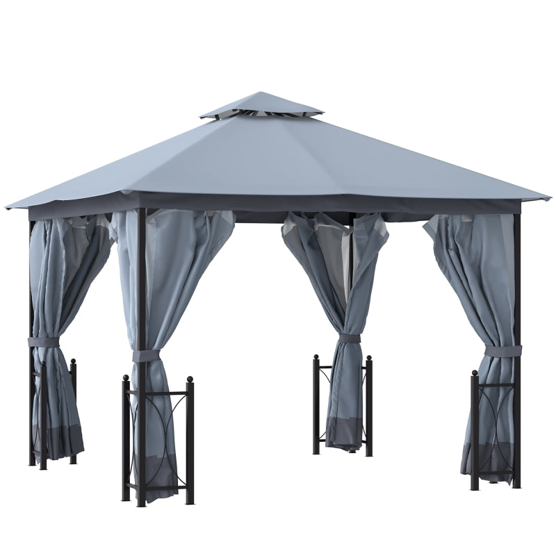 Outsunny 11' x 13' Patio Gazebo, Double Roof Outdoor Gazebo Canopy Shelter with Netting & Curtains, Steel Corner Columns for Garden, Lawn, Backyard and Deck, Beige