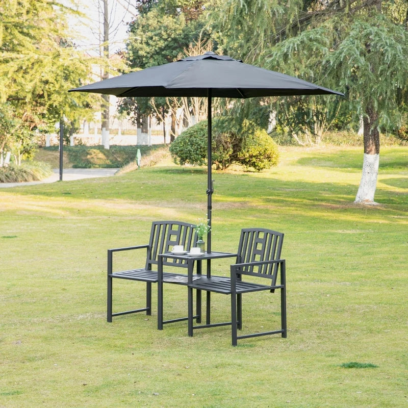 Outsunny Metal Garden Bench with Center Table and Umbrella Hole, 2-in-1 Patio Chairs, Outdoor 2-Person Tete-a-Tete, Slatted, Black