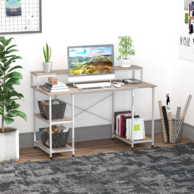 HOMCOM 55 Inch Home Office Computer Desk Study Writing Workstation with Storage Shelves, Elevated Monitor Shelf, CPU Stand, Durable X-Shaped Construction, Grey Wood Grain