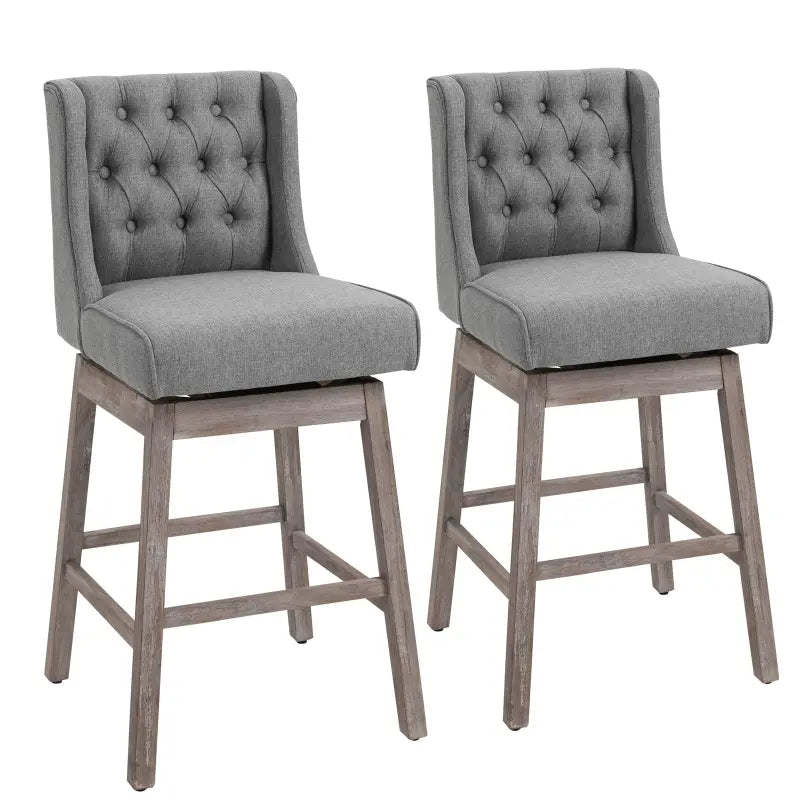 HOMCOM Bar Height Bar Stools Set of 2, 180 Degree Swivel Kitchen Island Stool, 30" Seat Height with Solid Wood Footrests and Button Tufted Design, Beige