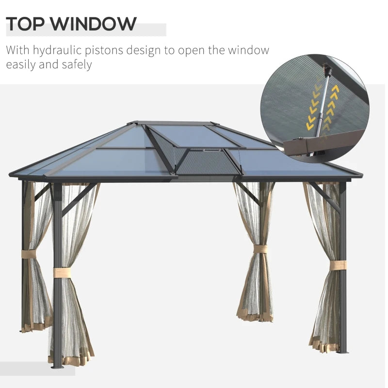Outsunny 12' x 14' Hardtop Gazebo Canopy with Polycarbonate Roof, Top Vent and Aluminum Frame, Permanent Pavilion Outdoor Gazebo with Netting, for Patio, Garden, Backyard, Deck, Lawn