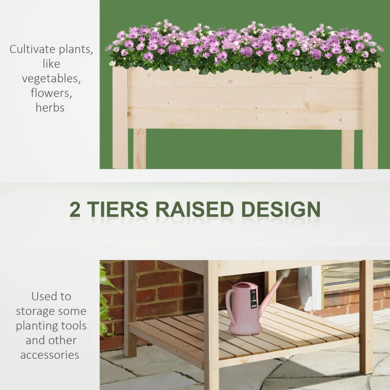 Outsunny 36'' x 36'' Raised Garden Bed with Storage Shelf, 2 Tiers Elevated Wooden Planter Box Stand for Vegetable Flower Herb, Patio, Balcony and Backyard