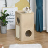 PawHut Wooden Cat Condo 3 Story Barrel Tower w/ Perch Removable Cover Cushions Sisal Scratching Carpet - Brown