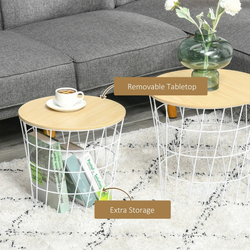 HOMCOM End Tables Set of 2, Nesting Tables with Storage, Round Accent Side Tables with Removable Top for Living Room, Bedroom, White / Natural