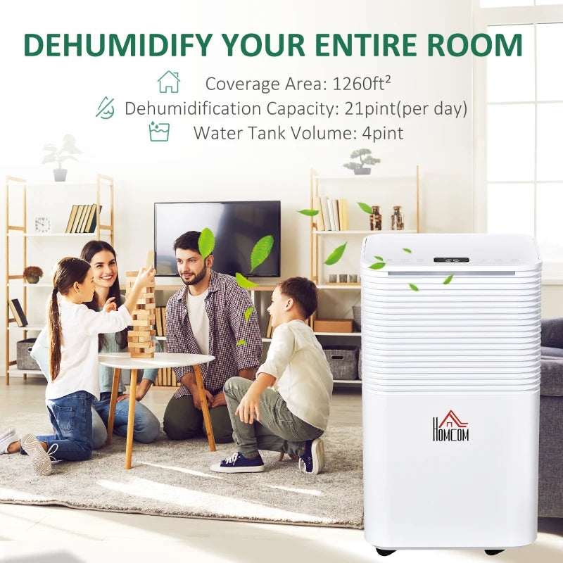 HOMCOM 1260 Sq. Ft Portable Electric Dehumidifiers with 3 Color Lights, LED Display, Quiet Dehumidifier for Basements, Bedroom, Bathroom, Closet, RV, 21pt/Day, White