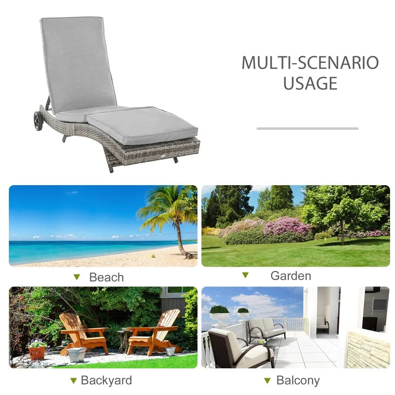 Outsunny Patio Wicker Cushioned Chaise Lounge Chair, Outdoor PE Rattan Sun lounger w/ 5-Level Adjustable Backrest & 2 Wheels for Easy Movement, Gray