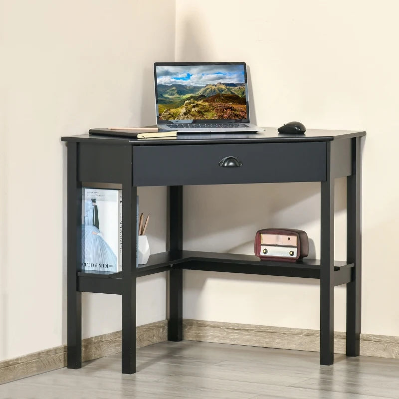 HOMCOM Corner Desk, Triangle Computer Desk with Drawer and Storage Shelves for Small Spaces, Home Office Workstation for Living Room, or Bedroom, Grey