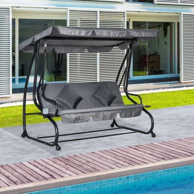 Outsunny 3-Seat Outdoor Patio Swing Chair, Converting Flatbed, Outdoor Swing Glider with Adjustable Canopy, Removable Cushion and Pillows, for Porch, Garden, Poolside, Backyard, Black
