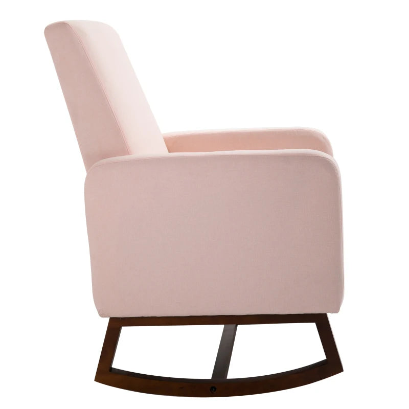 HOMCOM Accent Lounge Rocking Chair with Solid Curved Wood Base and Linen Padded Seat - Pink