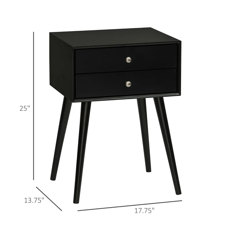 HOMCOM Side Table, Modern End Table with 2 Pull Out Drawers, Bedside Table with Display Tabletop and Solid Acacia Legs, Black