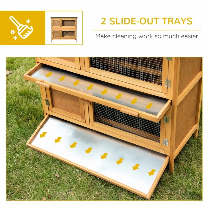 PawHut Solid Wood Rabbit Hutch with 2 Large Main Rooms and Firm Cage - Yellow