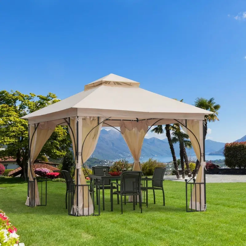 Outsunny 10' x 10' Outdoor Patio Gazebo Canopy Tent with Mesh Sidewalls, 2-Tier Canopy for Backyard, Beige