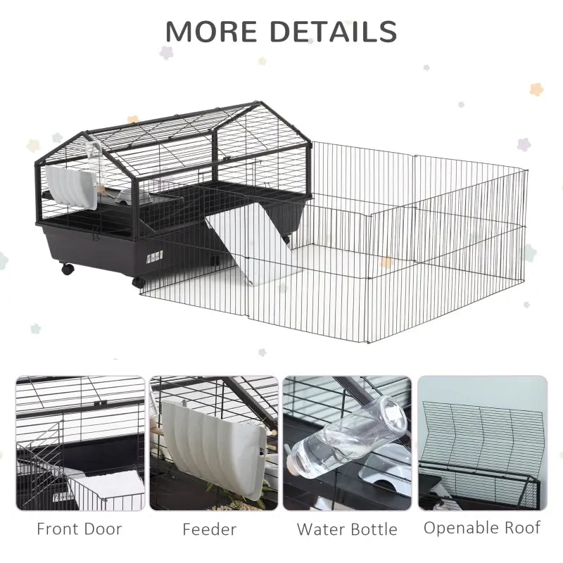 PawHut Rolling Metal Rabbit, Guinea Pig, or Small Animal Hutch Cage with Main House and Run