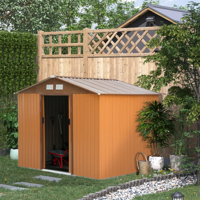 Outsunny 9' x 6' Metal Storage Shed Garden Tool House with Double Sliding Doors, 4 Air Vents for Backyard, Patio, Lawn Brown