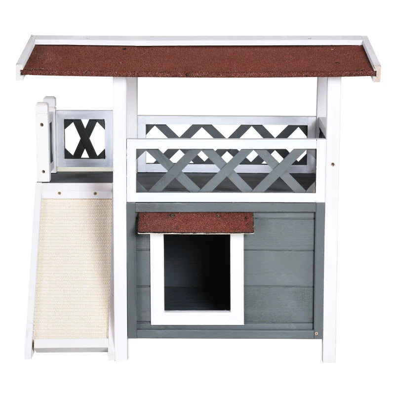 PawHut Outdoor Cat House, 2-Story Shelter for Feral Cats, Wooden Kitten Condo with Asphalt Roof, Stairs, Balcony, 30"x20"x29", White