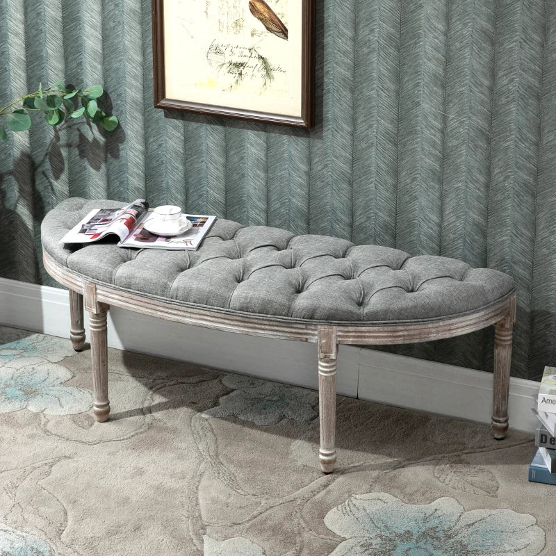 HOMCOM Vintage Semi-Circle Hallway Bench Tufted Upholstered Linen-Touch Fabric Accent Seat with Rubberwood Legs, Grey