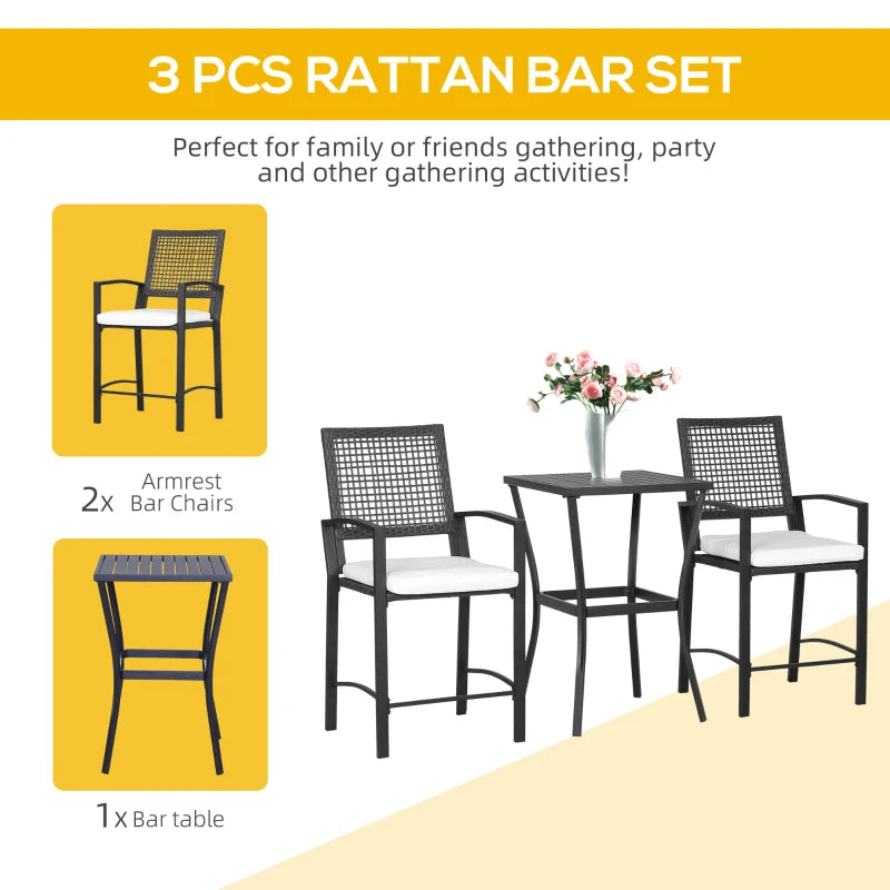 Outsunny Rattan Wicker Bar Set for 3 PCS with Ice Buckets, Patio Furniture with 1 Bar Table and 2 Bar Stools for Poolside, Backyard, Porches