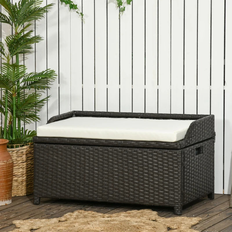 Outsunny Outdoor Storage Bench with Cushion, PE Rattan 2-In-1 Patio Seat Box with Handles, Air Strut Assisted Easy Open, Gray