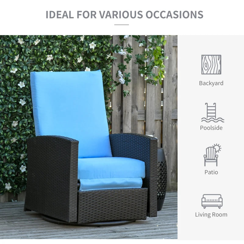 Outsunny Outdoor Wicker Swivel Recliner Chair, Reclining Backrest, Lifting Footrest, 360° Rotating Basic, Water Resistant Cushions for Patio, Light Blue