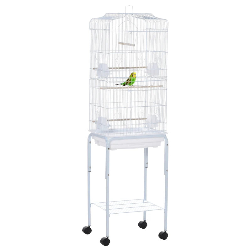 PawHut 62" Metal Indoor Bird Cage Starter Kit With Detachable Rolling Stand, Storage Basket, And Accessories, Black