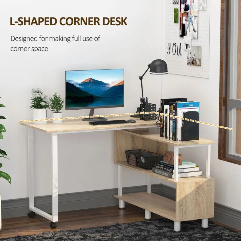 HOMCOM Mobile L-Shaped Rotating Computer Desk with Storage Shelves Moveable Rolling Writing Table Home Office Study Workstation for Home Office, Oak