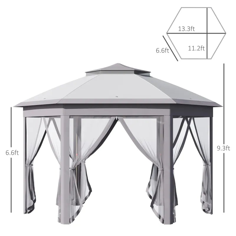 Outsunny Pop Up Gazebo Tent Height Adjustable Canopy w/ Solar LED Light and Mesh Netting, Grey