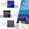 Outsunny 7 Piece Outdoor Patio Furniture Set, PE Rattan Wicker Sectional Sofa Set with Couch Cushions, Throw Pillows and Slat Coffee Table, Dark Brown, Deep Blue