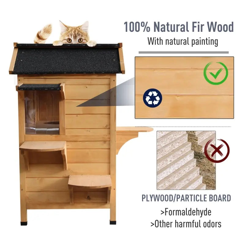 PawHut Wooden 2-Story Indoor or Outdoor Cat House with Escape Door, Cat Shelter Kitten Condo Furniture, Openable Asphalt Roof and 4 Platforms, White