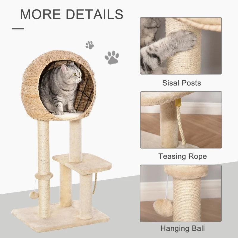 PawHut 56" Cat Tree Activity Condo Luxury Pine Wood  with Hamster-Wheel, Sisal Scratching Posts, Elevated Perches, & Roomy Interior