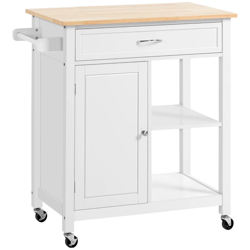 HOMCOM Kitchen Island Cart, Rolling Kitchen Island with Storage, Solid Wood Top, Drawer, for Dining Room, White