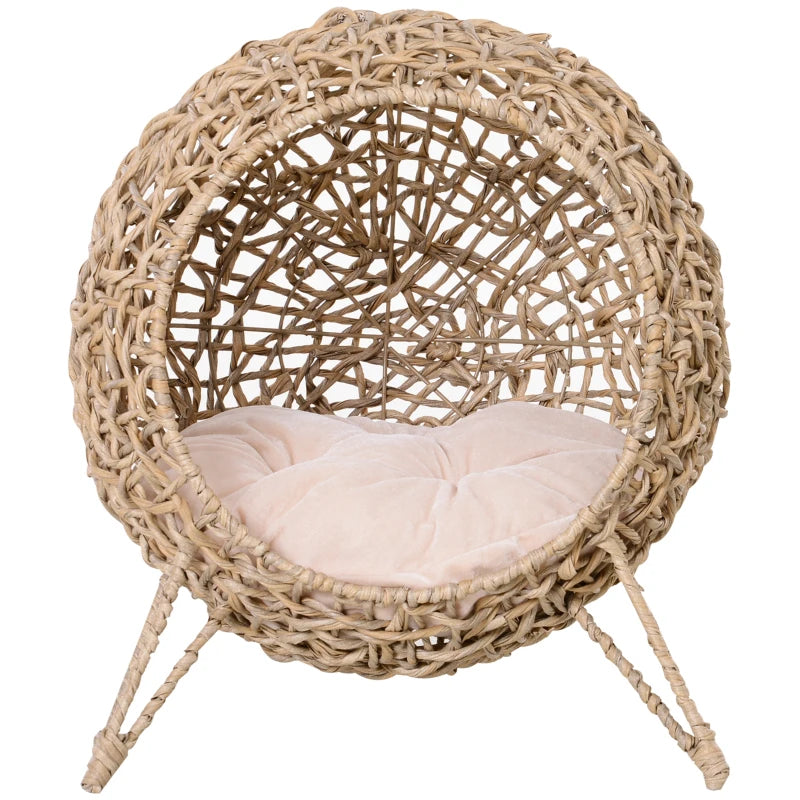 PawHut Wicker Cat Bed, Elevated Rattan Kitten Basket with Soft Cushion, Light Brown
