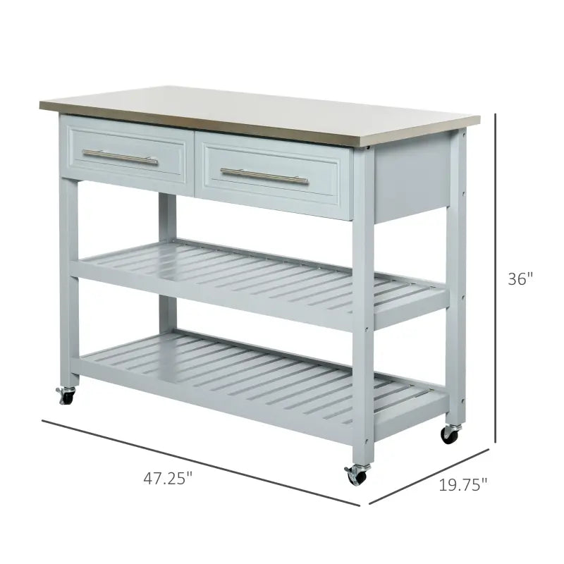 HOMCOM Kitchen Island with Stainless Steel Top, Traditional Kitchen Island with Storage, 2-Tier Open Shelves, Drawers, Gray