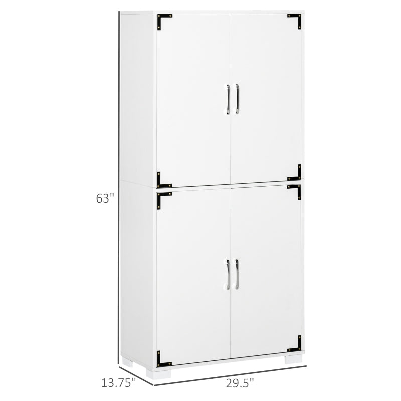 HOMCOM Industrial Style 4-Door Cabinet Pantry Cupboard with Storage Shelves for Bedroom and Living Room, White