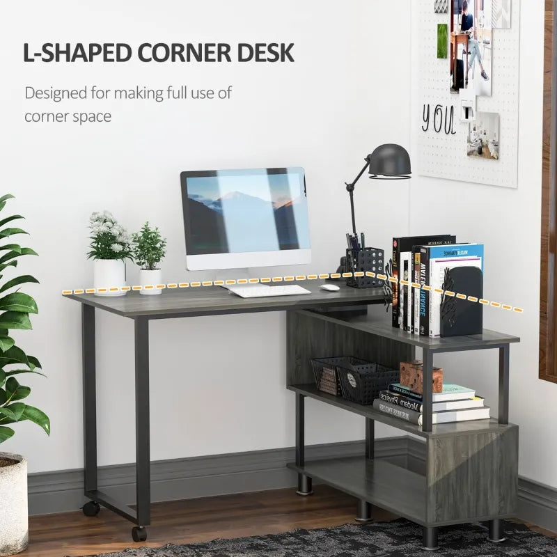 HOMCOM Mobile L-Shaped Rotating Computer Desk with Storage Shelves Moveable Rolling Writing Table Home Office Study Workstation for Home Office, Grey