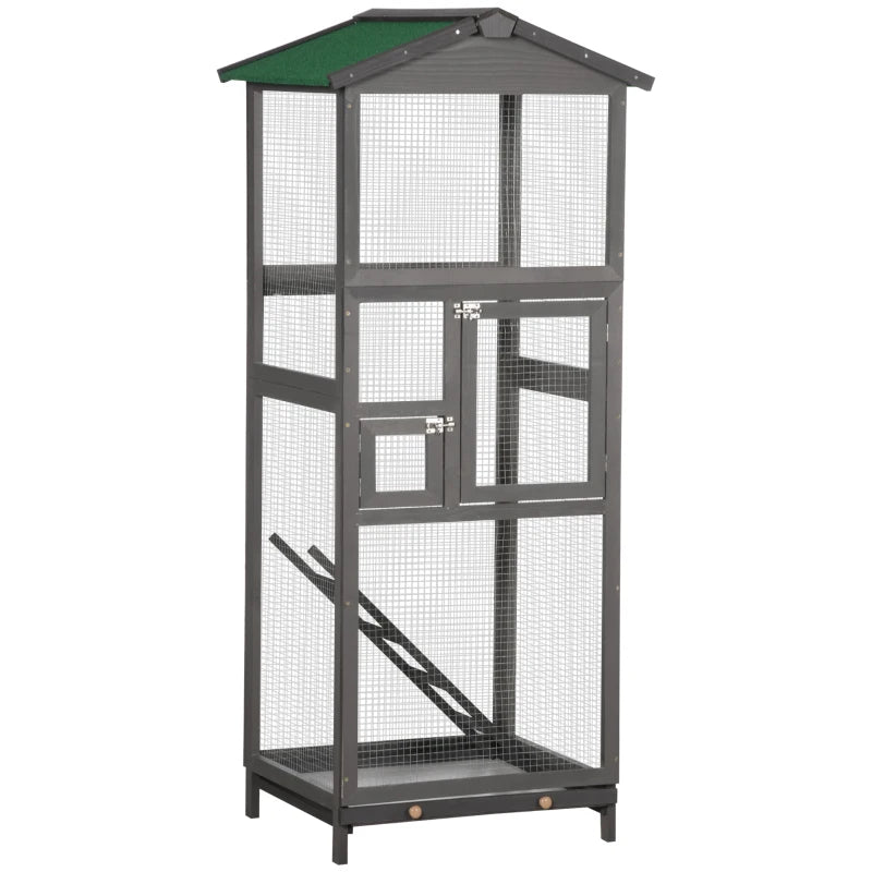 PawHut 65" Wooden Bird Cage Outdoor Aviary House for Parrot, Parakeet, with Pull Out Tray and 2 Doors, Grey