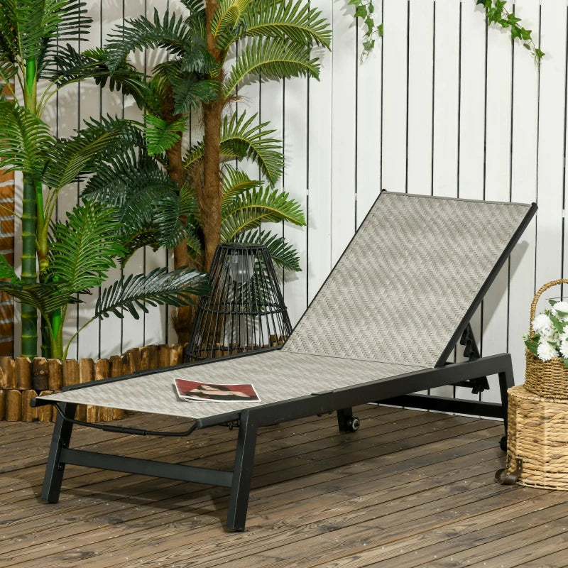Outsunny Wicker Chaise Lounge, 4 Position Adjustable Backrest and Cushions Outdoor Lounge Chair PE Rattan Sun Lounger for Poolside, Balcony or Garden, Beige