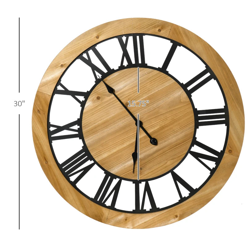 HOMCOM 30 Inch Large Wall Clock, Silent Non Ticking Metal Wood Farmhouse Roman Numeral Clocks for Living Room Decor, Battery Operated, Black and Natural Wood Color