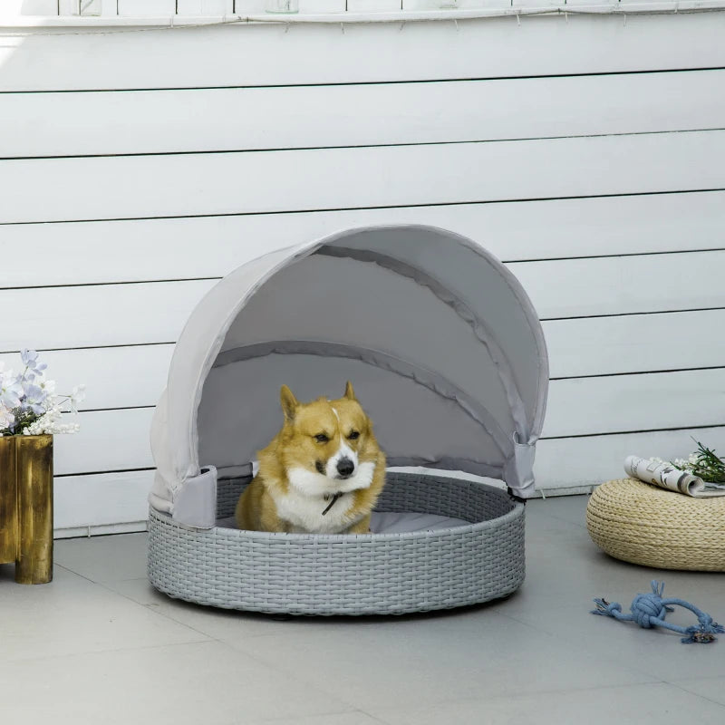 PawHut Wicker Dog House Elevated Pet Bed with Shade Canopy for Medium Large Dogs Indoor Outdoor with Cushion, 36" x 28" x 32"