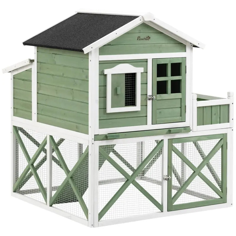 PawHut 44" Chicken Coop / Rabbit Hutch, Wooden House with Run, Nesting Box, Removable Tray, Asphalt Roof, Planting and Lattice, Green