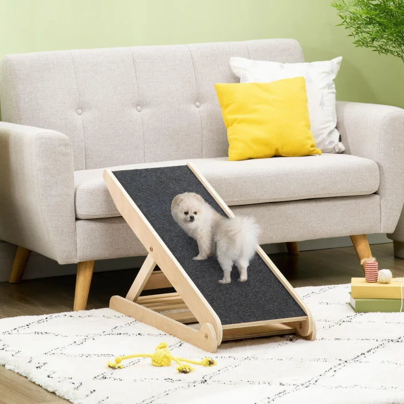 PawHut Dog Ramp for Bed, Couch, Foldable Pet Ramp Height Adjustable 4 Levels from 14.75" to 24.5" for Cats and Small Dogs with Non Slip Carpeted Surface, Natural