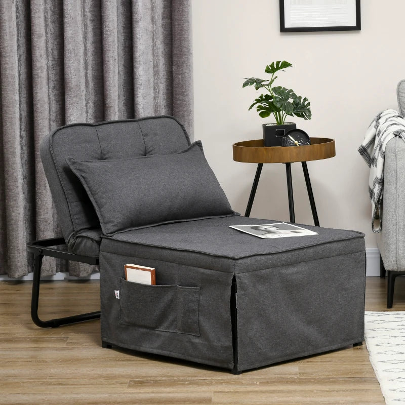 HOMCOM Folding Sofa Bed, 4-in-1 Multi-Function Sleeper Chair Bed Ottoman with Adjustable Backrest, Pillow, Side Pocket for Home Office, Bedroom, Living Room, Charcoal Gray