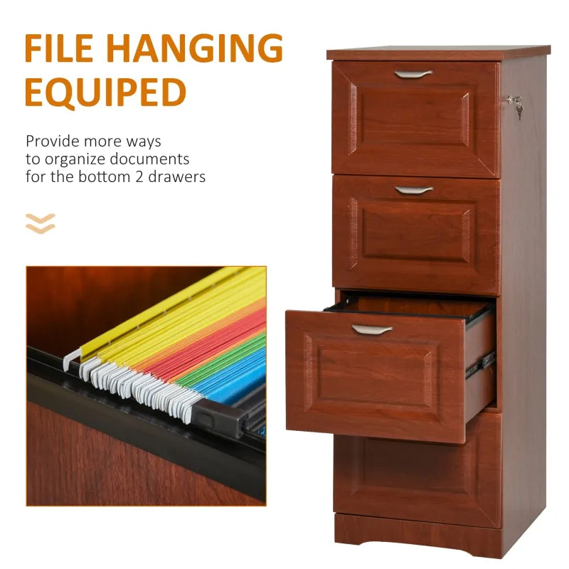 HOMCOM Tall Wooden 4 Drawer Vertical File Cabinet with Enclosed Storage for Letter/Legal Size, File Hangers and Lock, and Key, Dark Brown