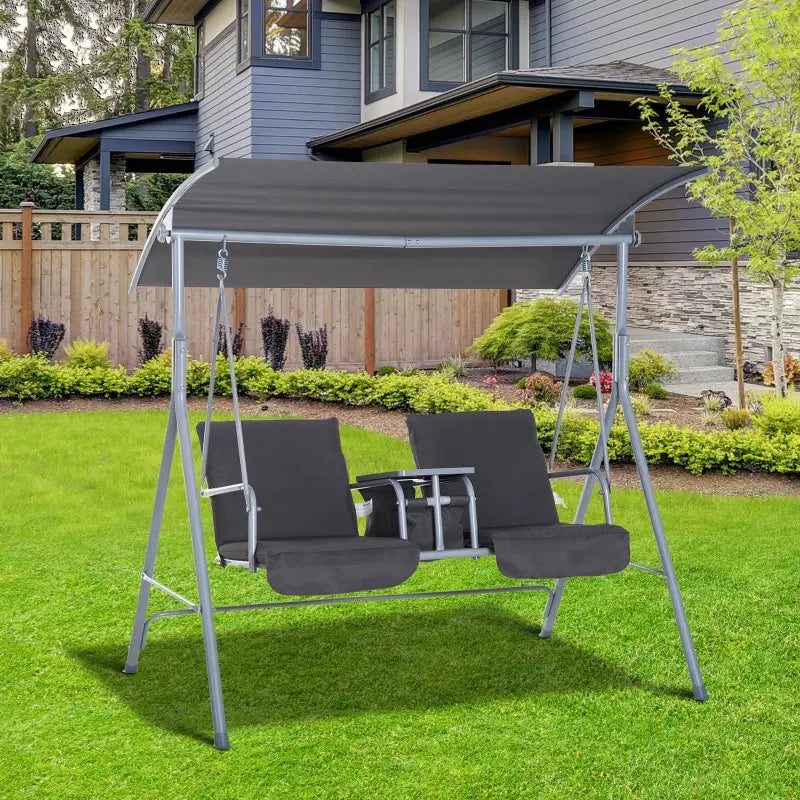Outsunny 2 Person Porch Swing with Stand, Outdoor Swing with Canopy, Pivot Storage Table, 2 Cup Holders, Cushions for Patio, Backyard, Gray
